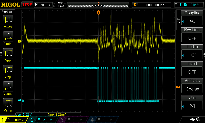 Zoomed in to spot the duration of power line noise