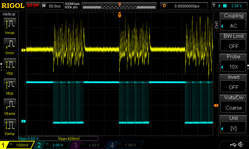 Power line noise (yelllow) resulting from display updating sequence (blue)