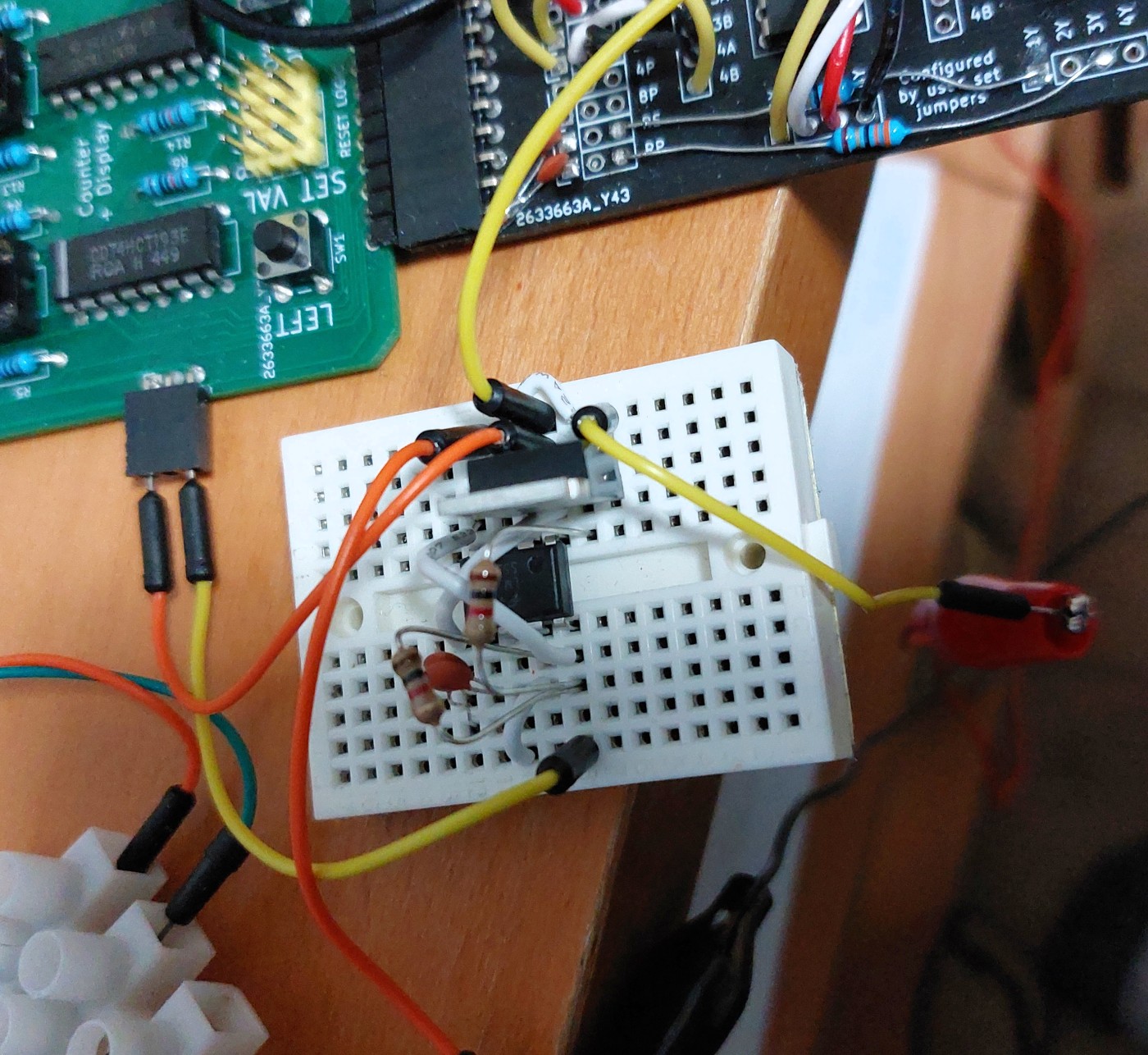 My 555 timer test circuit on a bread board, with the input inverting MOSFET