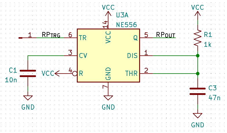 Schematic of the 555 timer. Note: I used a 556 to be exact here, but it is just two 555s slapped together.