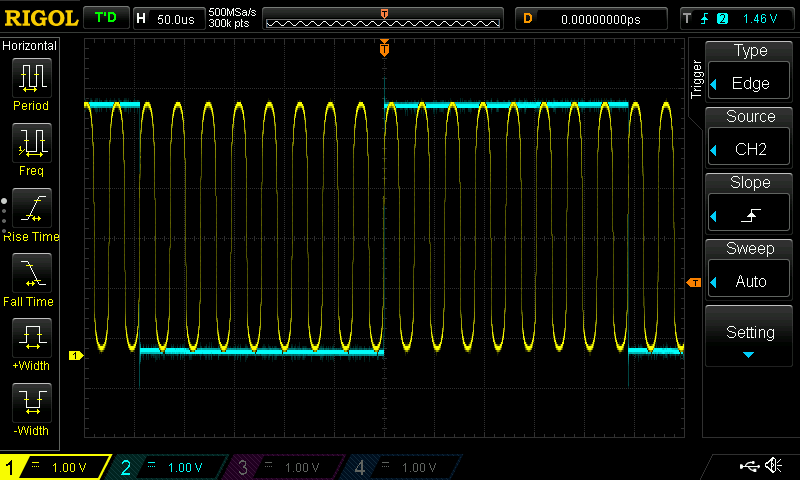 Division of the reference 32 768 Hz wave (yellow) by a factor of 16 to generate the output (blue)