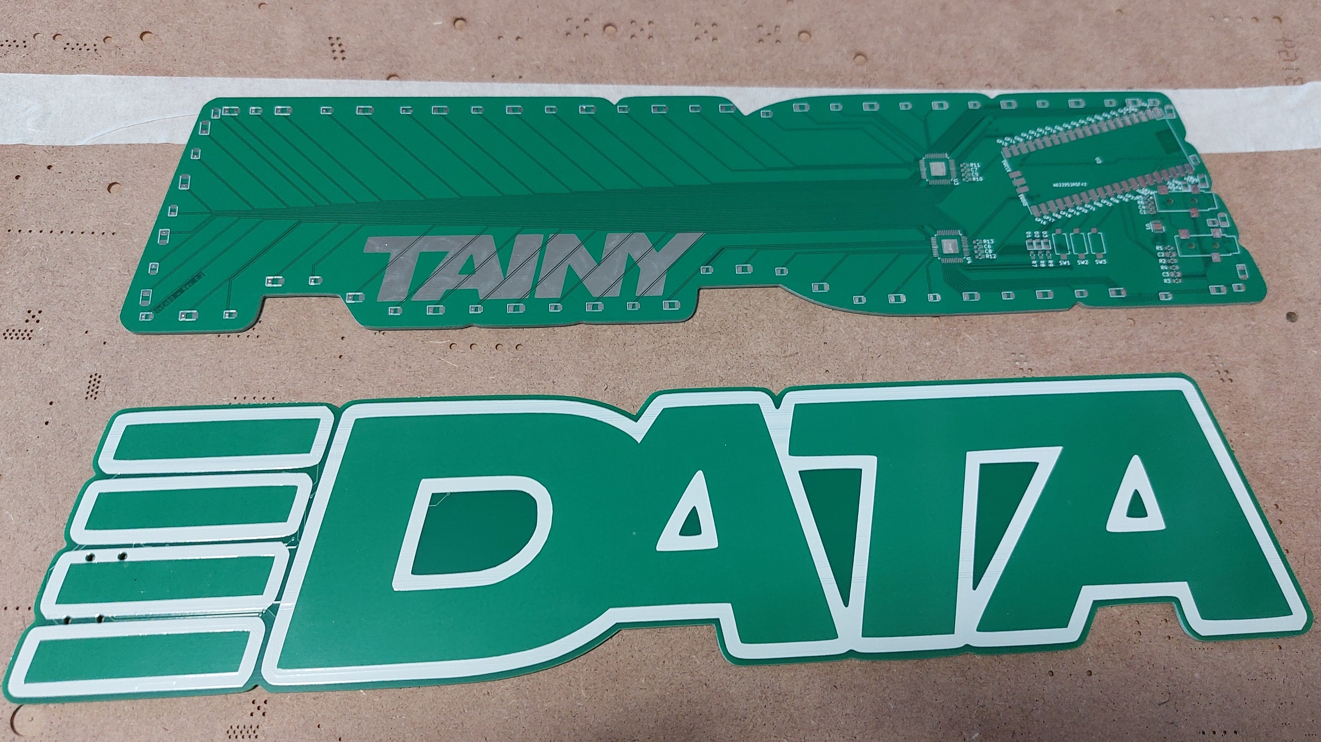 Bare DATA circuit boards, front and back so all demonstrated techniques are visible