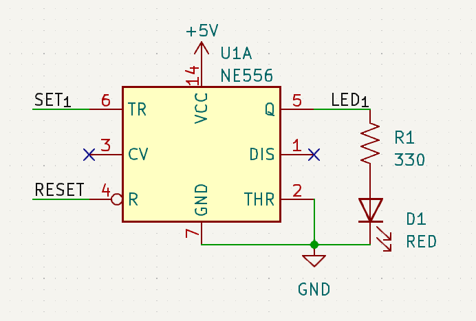 555/556 timer configured to act as a RS flip flop driving an LED