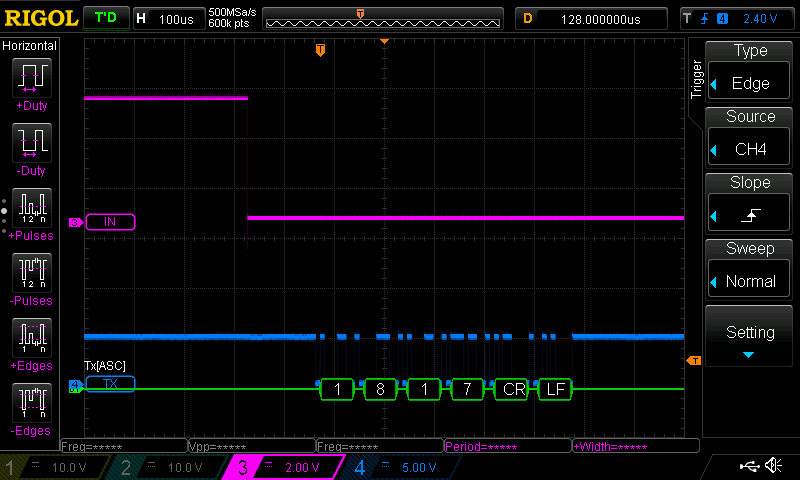 Testing the PWM input width measurement. UART decodes on the TX line show the measured width in microseconds