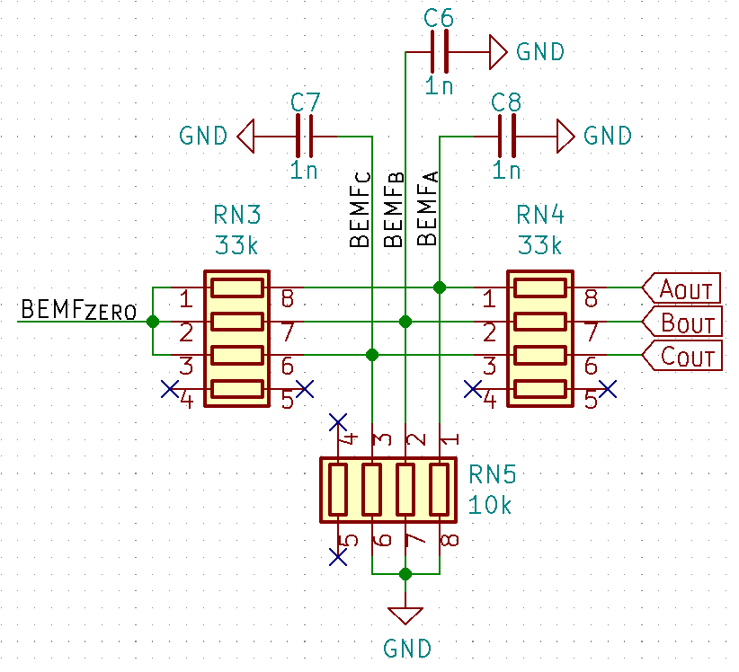BEMF conditioning section of the schematic highlighting RN4 (still recorded as 33 kΩ)