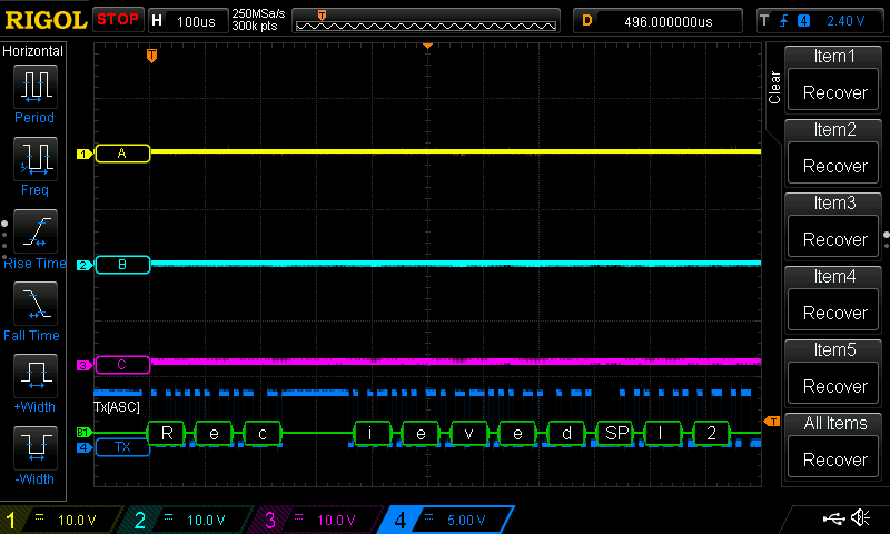 Output of &lsquo;Recieved I2C Command&hellip;&rsquo; on UART decoded on my oscilloscope