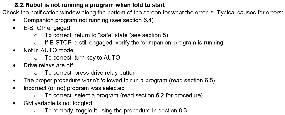 An excerpt from the troubleshooting guide
