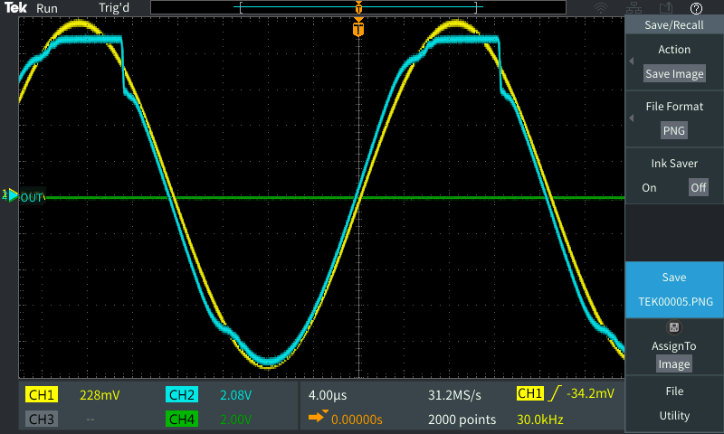 The output wave (blue) imposed over the input (yellow) at 30kHz. Note: the output magnitude is approximately 10 times the input.