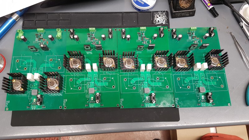 The assembled circuit boards. Note that the different positioning of the power transistors on the leftmost board does not impact behaviour