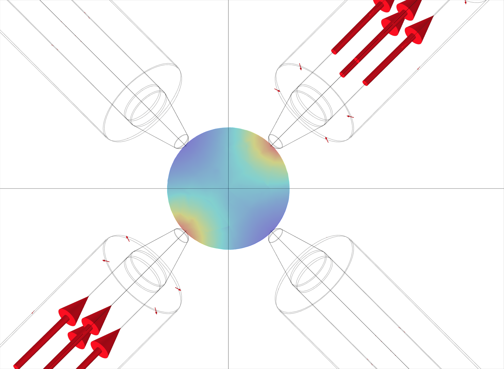 An overhead view of the magnetic field generated by a single pair of coils. Red is high field strength, blue is low.