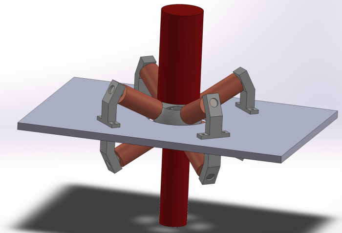 Initial CAD of the entire apparatus. (Red cylinders are to mark the space occupied by the optics.)
