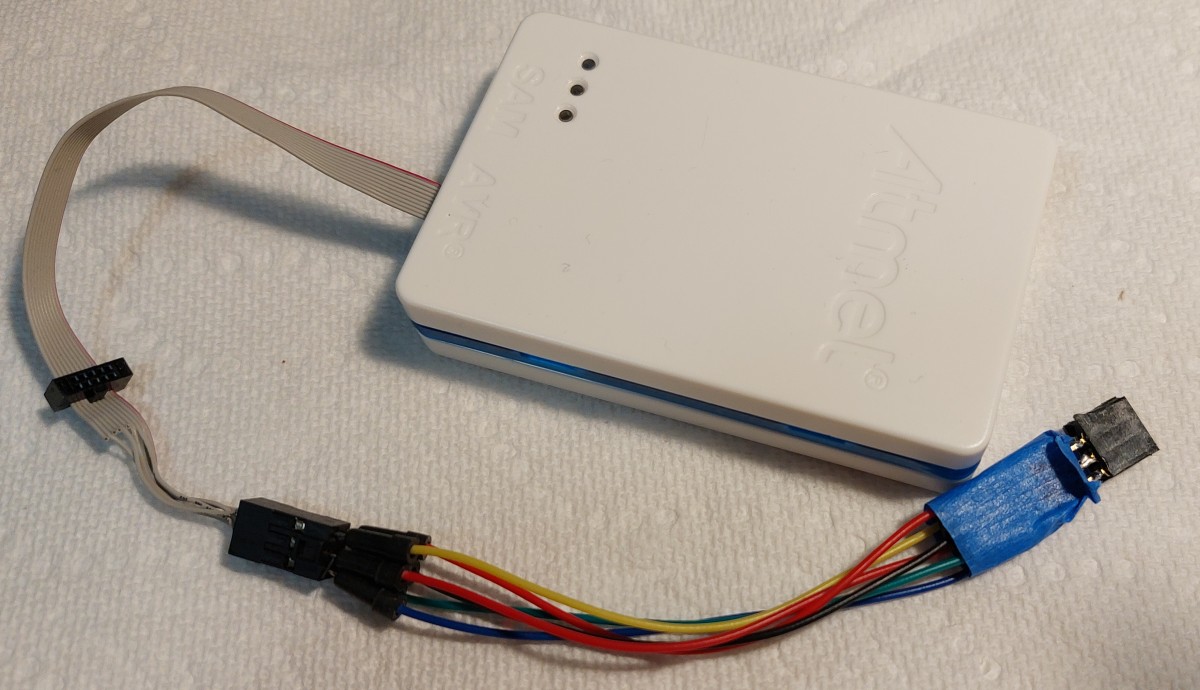 The adapter setup to mirror the connections for the ATMEL-ICE.