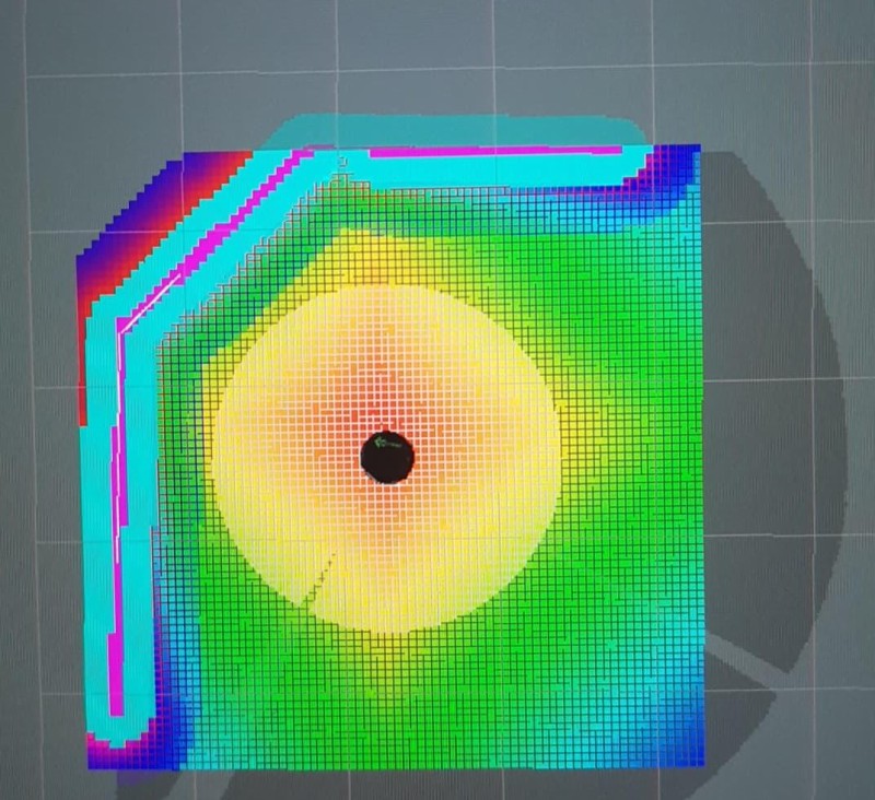 A situation where the robot is stuck (no notable red path) since it has no boundaries in its immediate vicinity (lighter circle around robot)