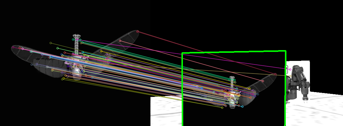 A successful match! The reference image on the left, with the world image on the right. Bounding box and feature pair lines overlaid.