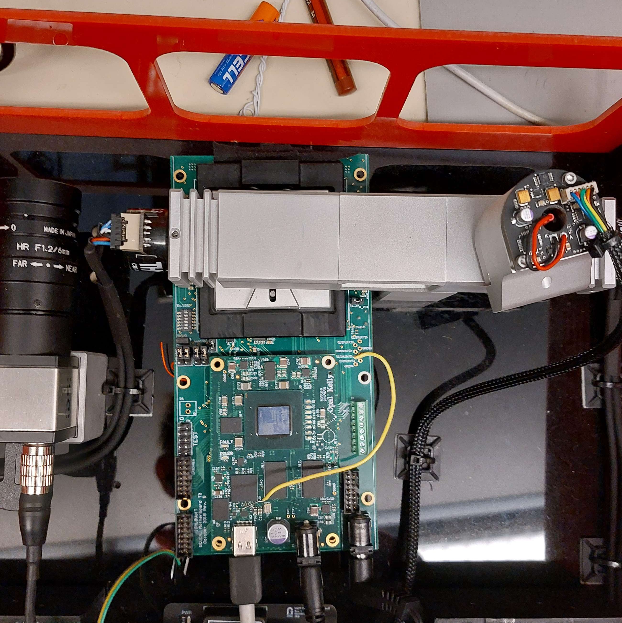 T3 PCB in place under the opto-mechanical rig