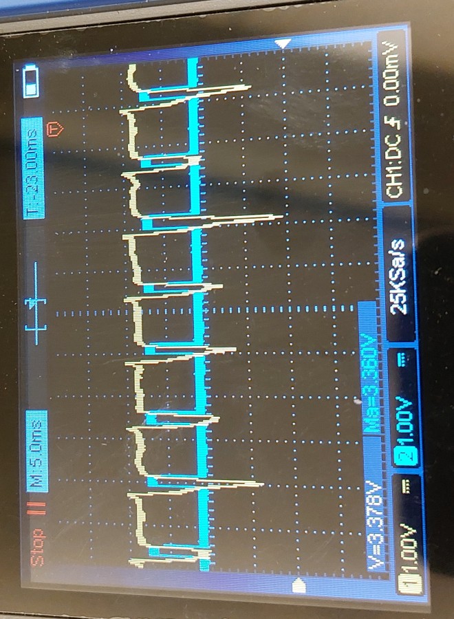 Waveforms from the optical encoder. Yellow is the raw retroflector reading, blue the threshold (which is a function of output) both at 1 V per vertical division