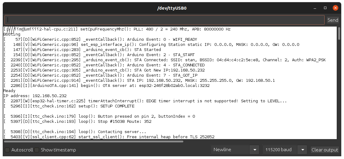 Serial terminal with a series of debug messages from system start up