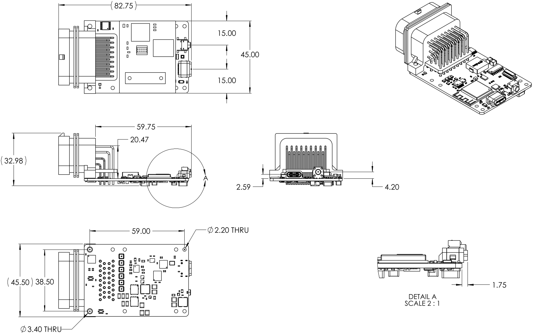 The mechanical drawing of the VCU PCB by Rev. 6.0. In the top left view is an installed expansion board, the cellular module we were developing at the time.
