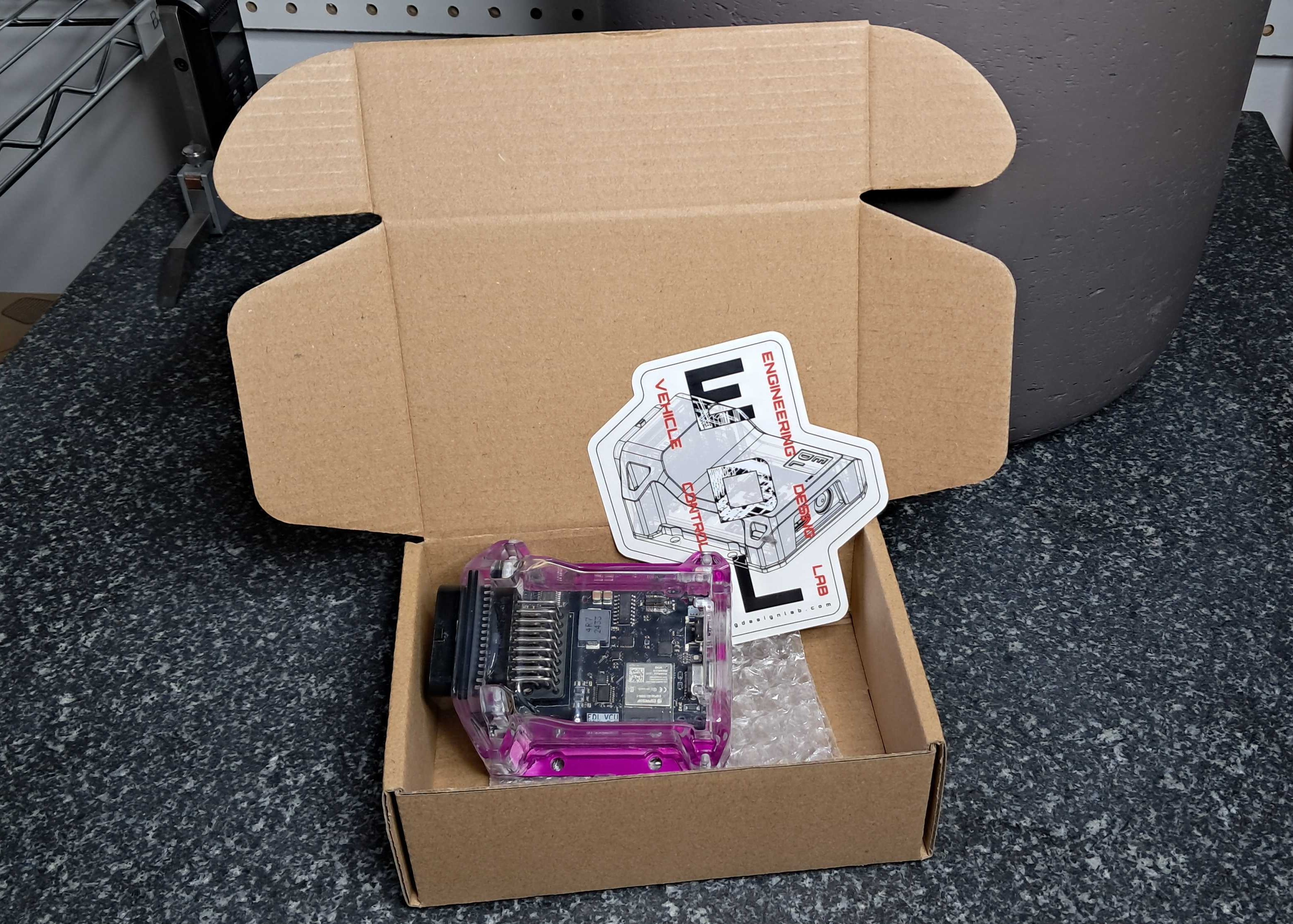 A packaged VCU ready for shipment. I loved the sticker design.