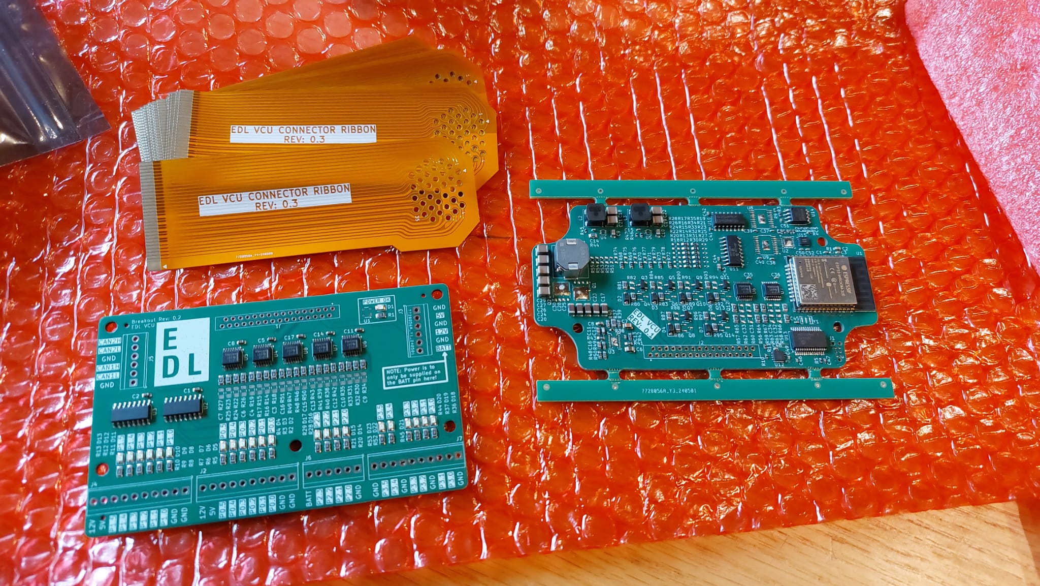 The first VCU PCBs as delivered. The VCU itself is the right PCB, you can see some of the parts are unpopulated.